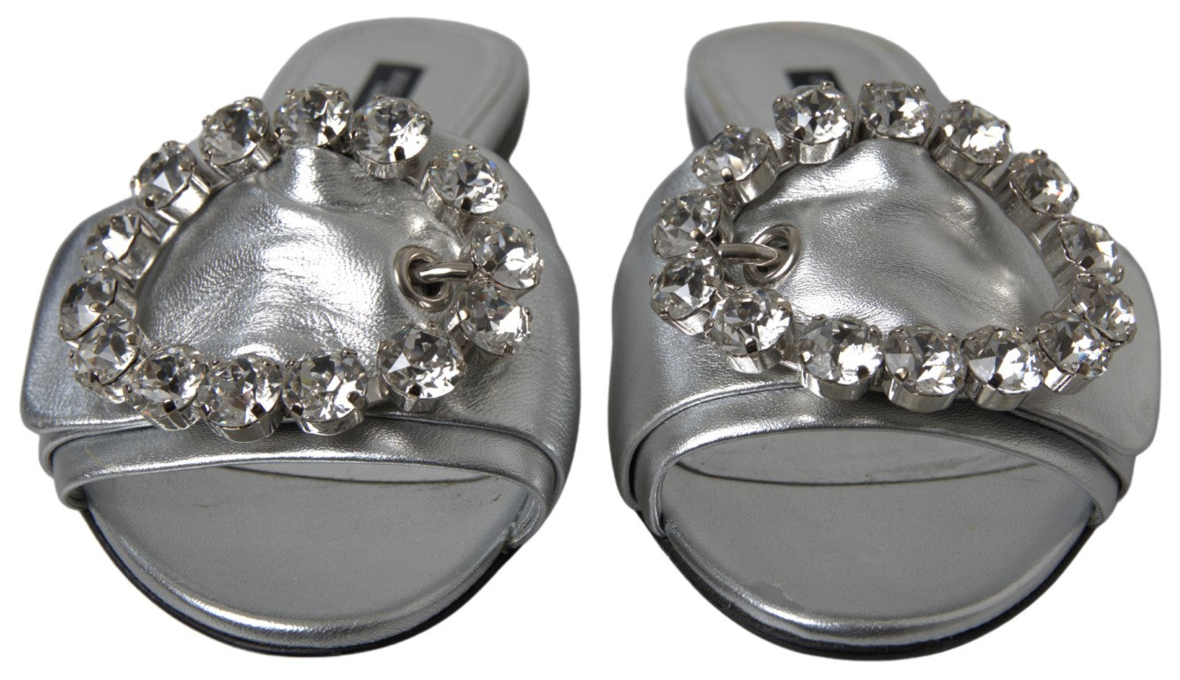 Dolce & Gabbana Silver Crystal Embellished Slides Flat Shoes - DEA STILOSA MILANO