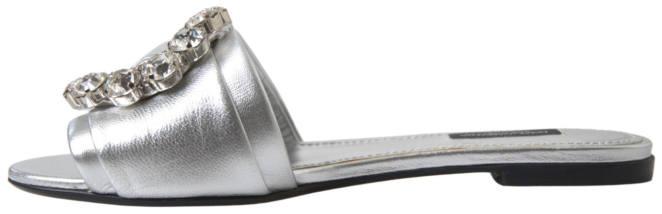 Dolce & Gabbana Silver Crystal Embellished Slides Flat Shoes - DEA STILOSA MILANO