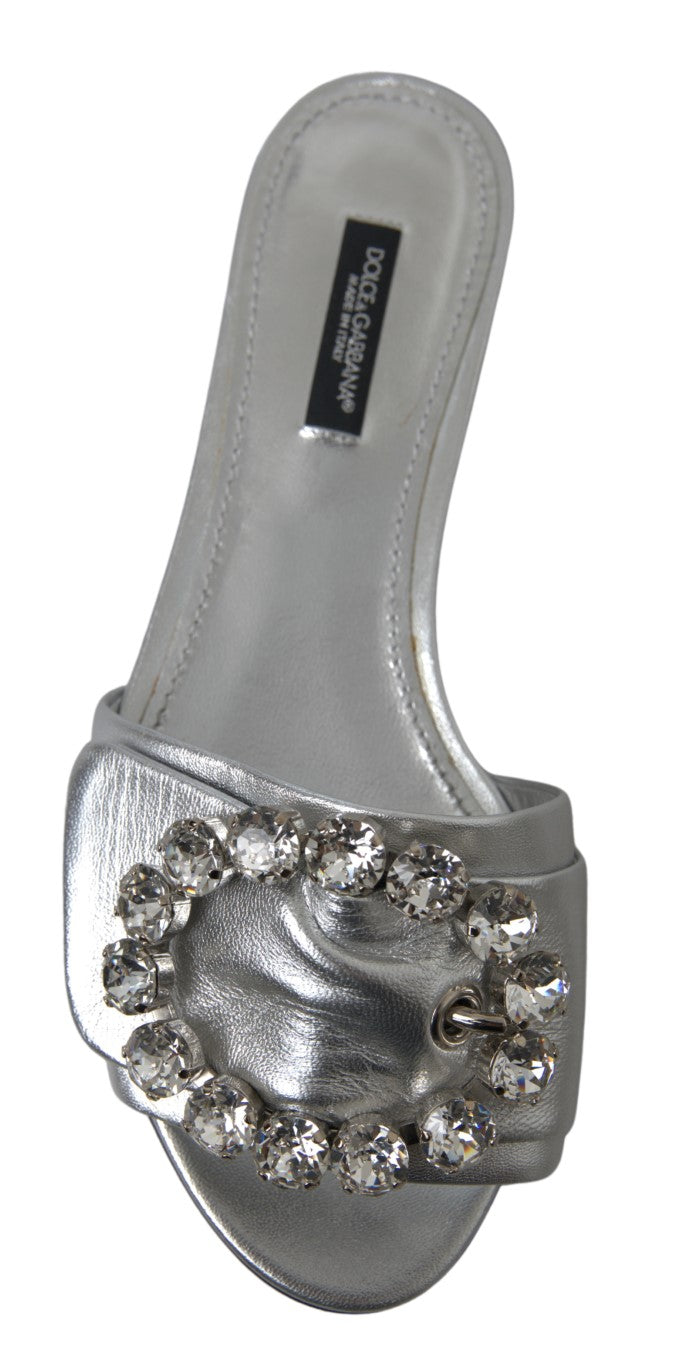 Dolce & Gabbana Silver Crystal Embellished Slides Flat Shoes - DEA STILOSA MILANO