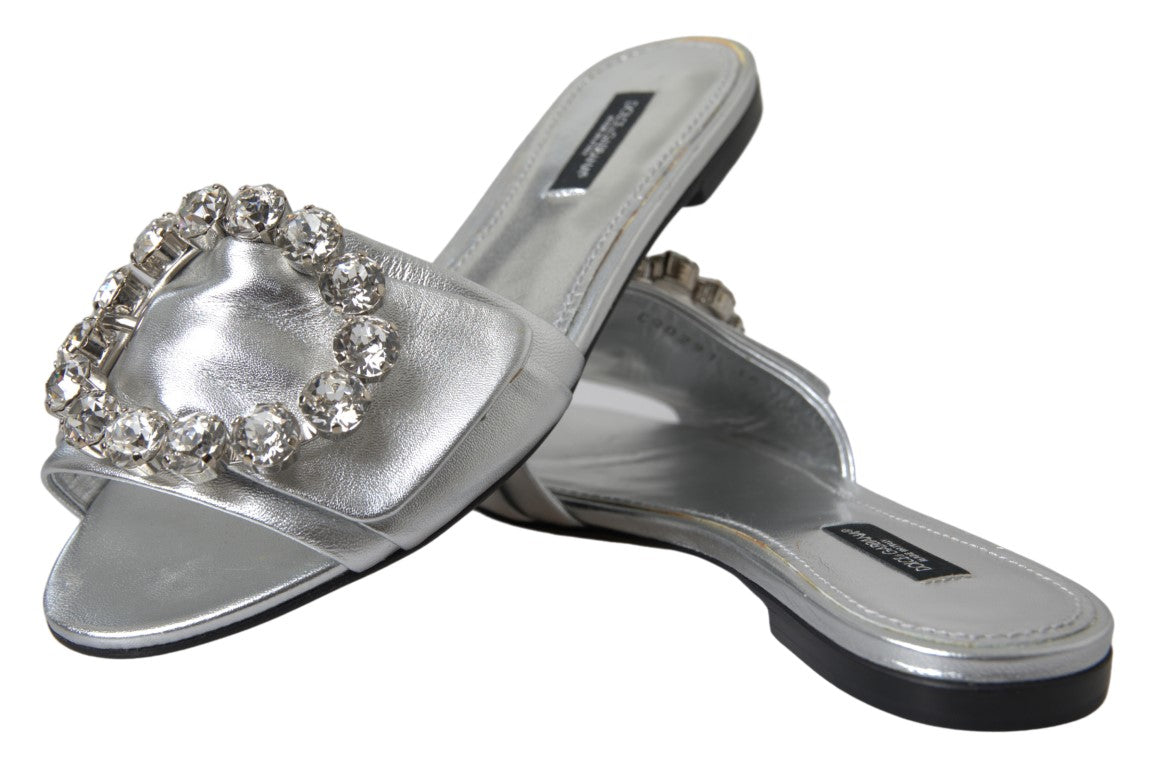 Dolce & Gabbana Silver Crystal Embellished Slides Flat Shoes - DEA STILOSA MILANO