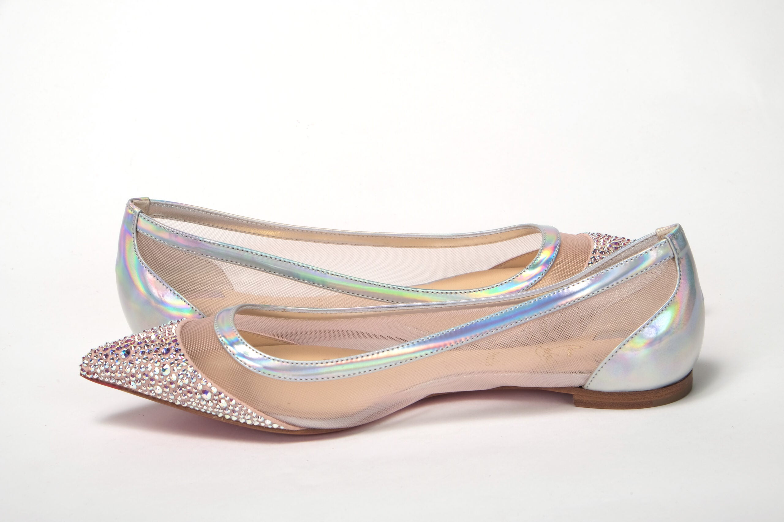 Christian Louboutin Silver Rose Flat Point Crystals Toe Shoe - DEA STILOSA MILANO
