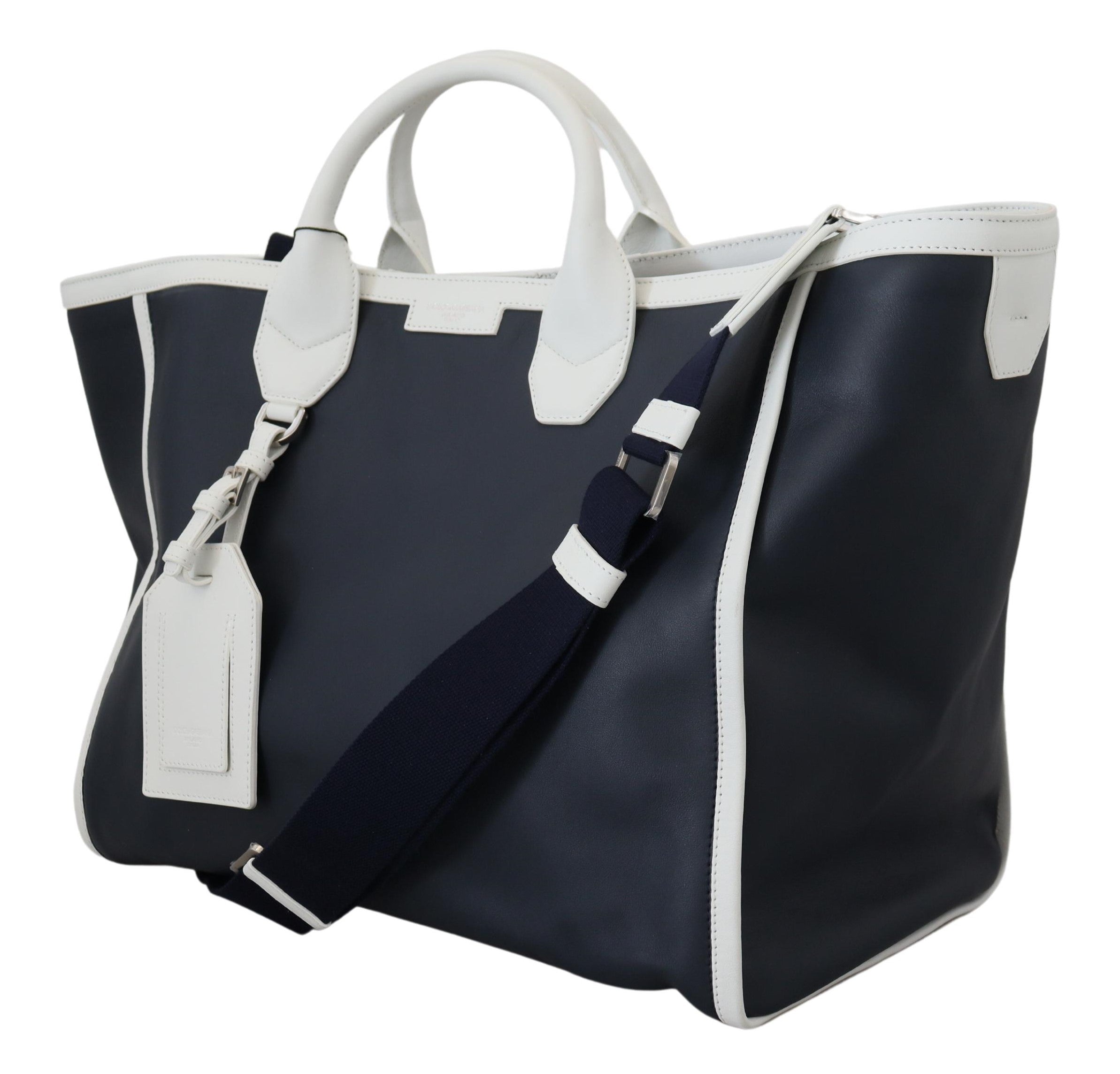 Dolce & Gabbana White Blue Leather Shopping Tote Bag - DEA STILOSA MILANO