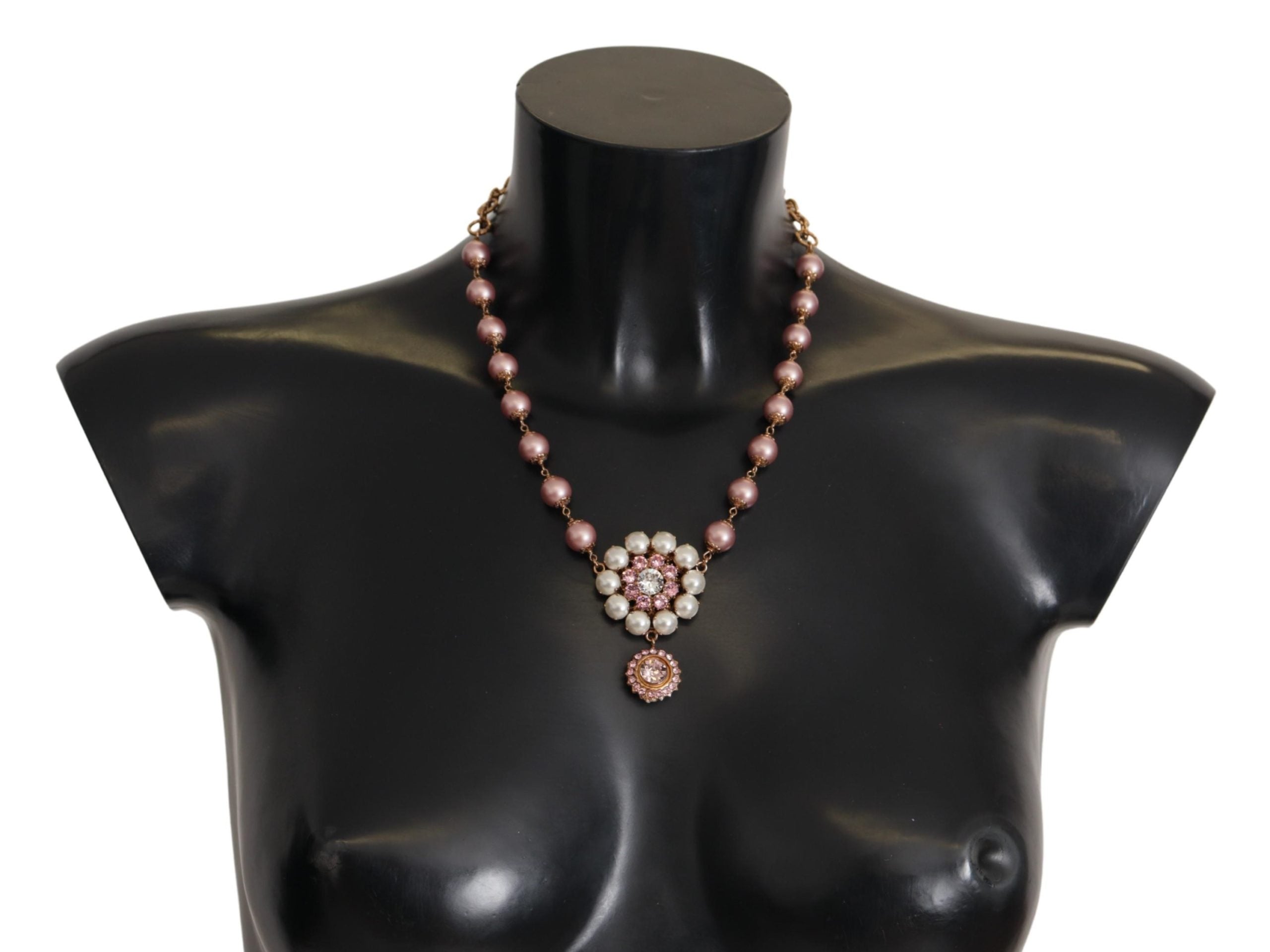 Dolce & Gabbana Gold Brass Crystal Pink Faux Pearl Pendants Necklace - DEA STILOSA MILANO