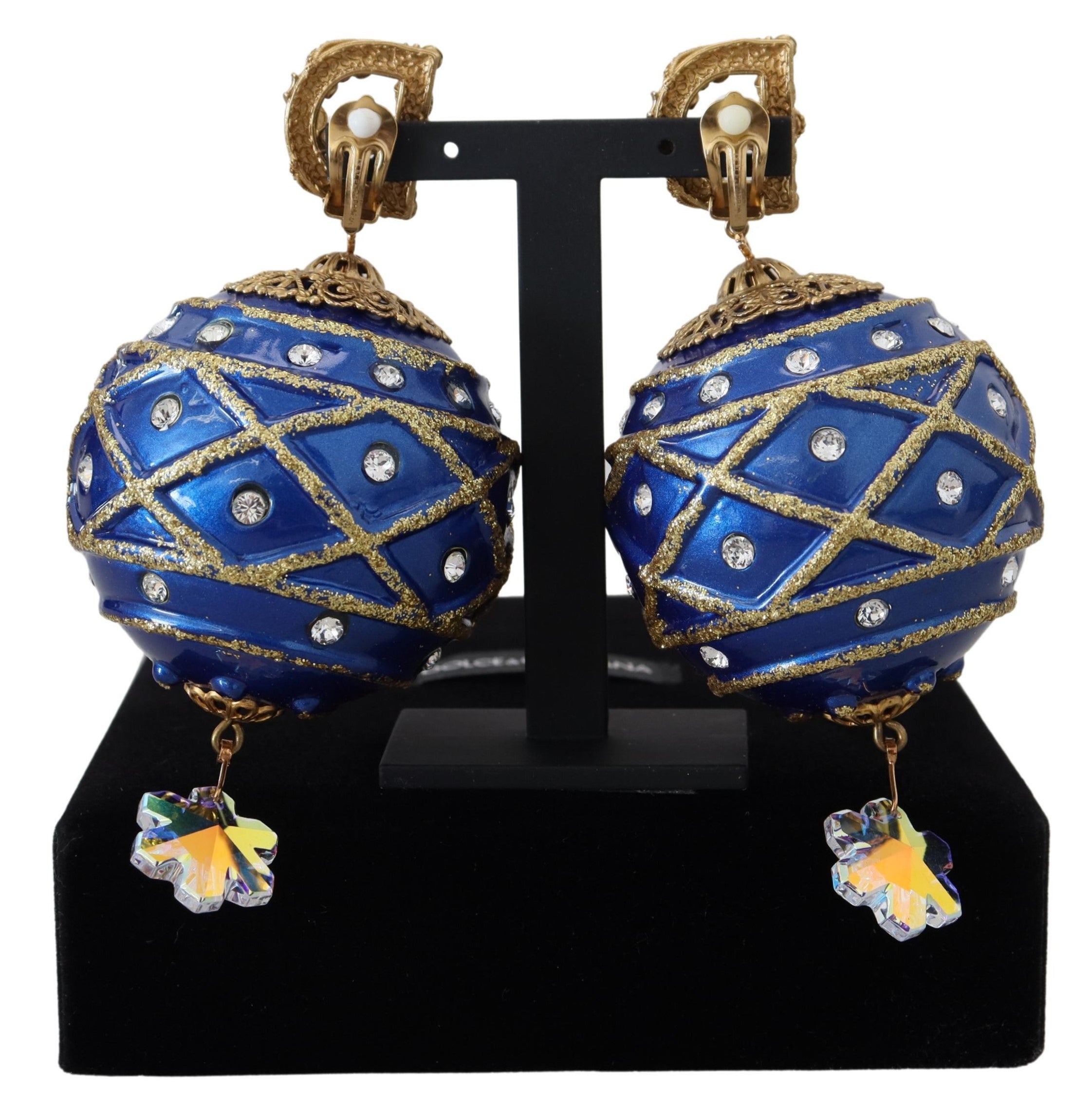 Dolce & Gabbana Gold Brass Blue Dangle Ball Crystal Clip On Earrings - DEA STILOSA MILANO