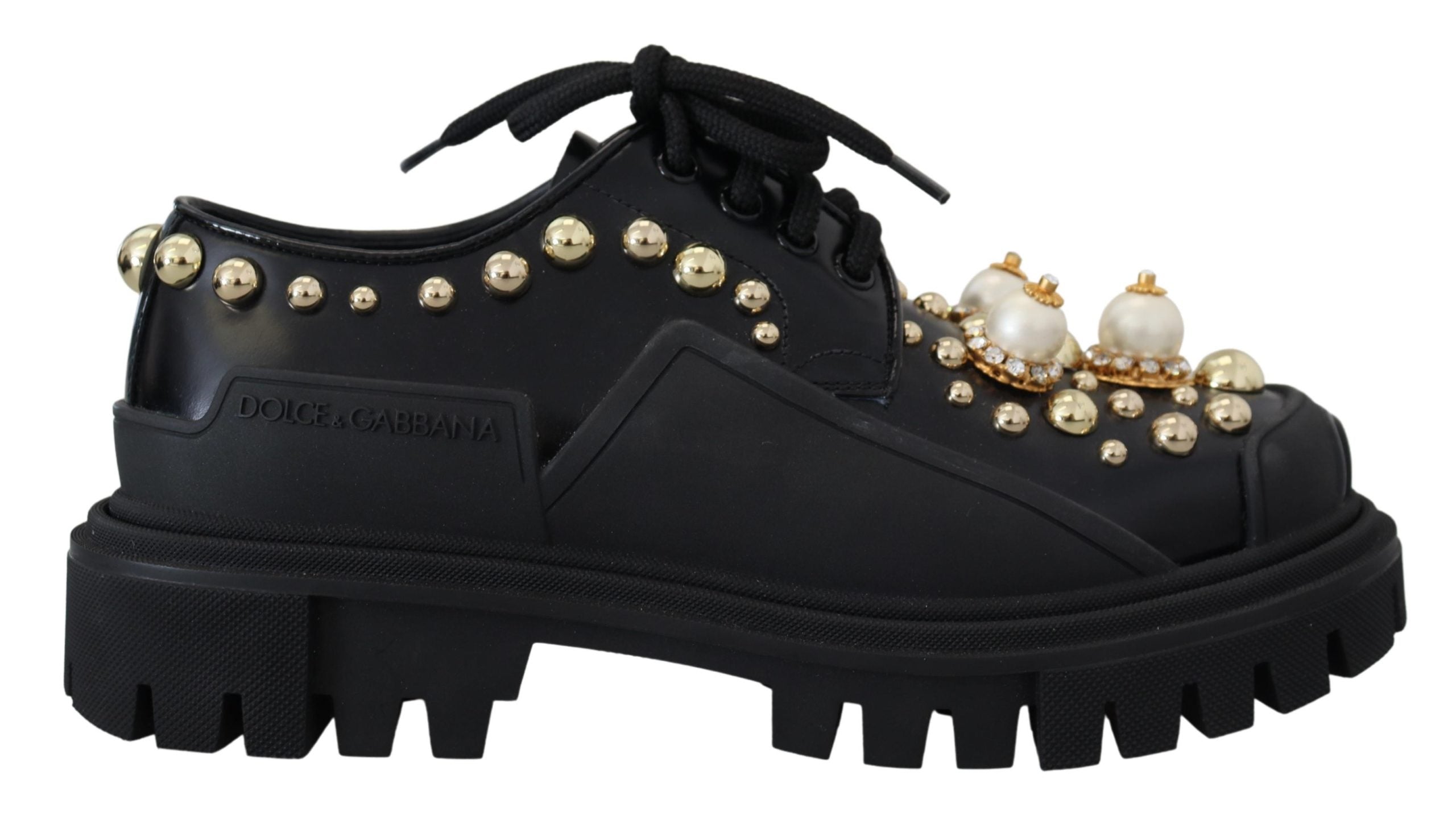 Dolce & Gabbana Black Leather Trekking Derby Embellished Shoes - DEA STILOSA MILANO