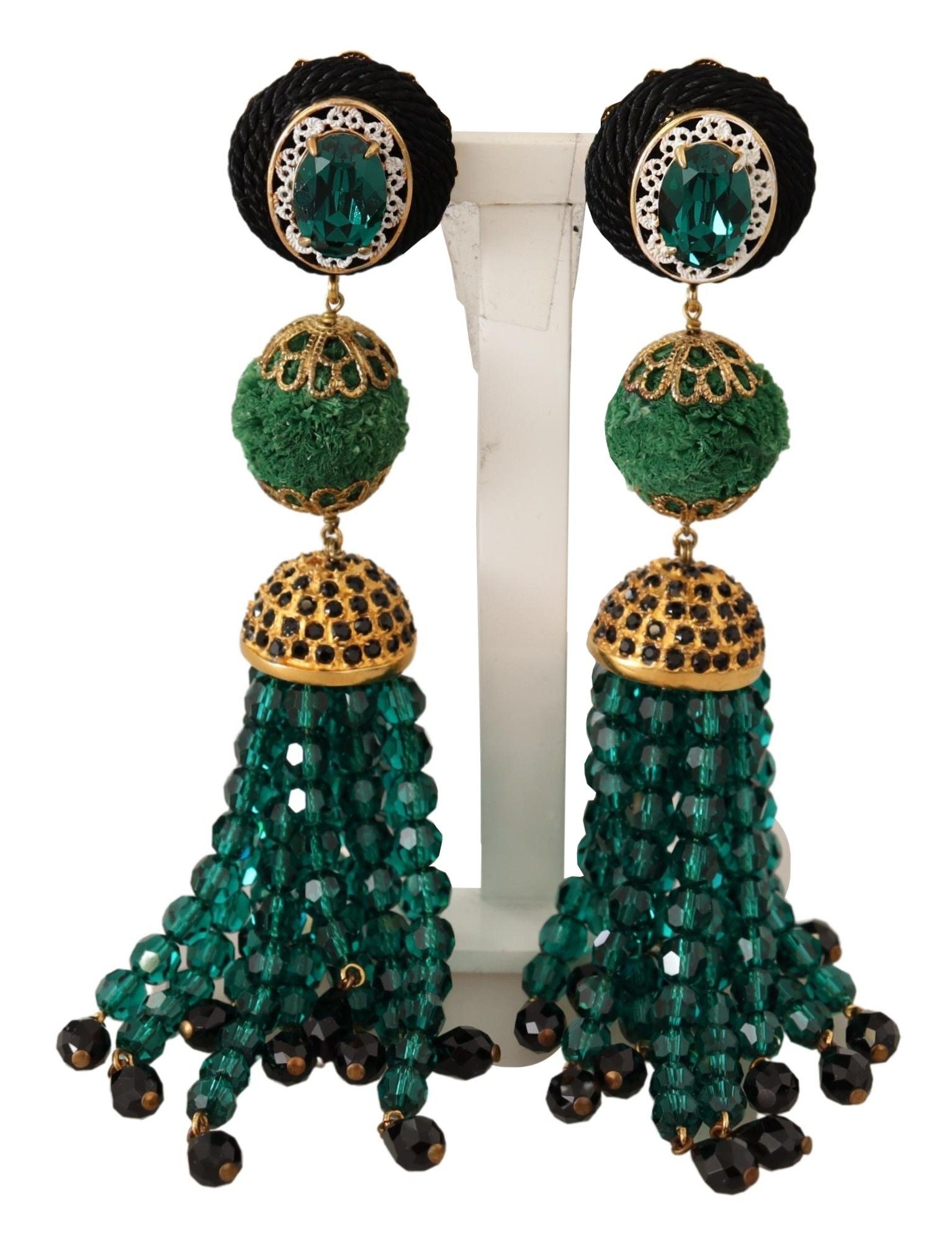Dolce & Gabbana Green Crystals Gold Tone Drop Clip-on Dangle Earrings - DEA STILOSA MILANO