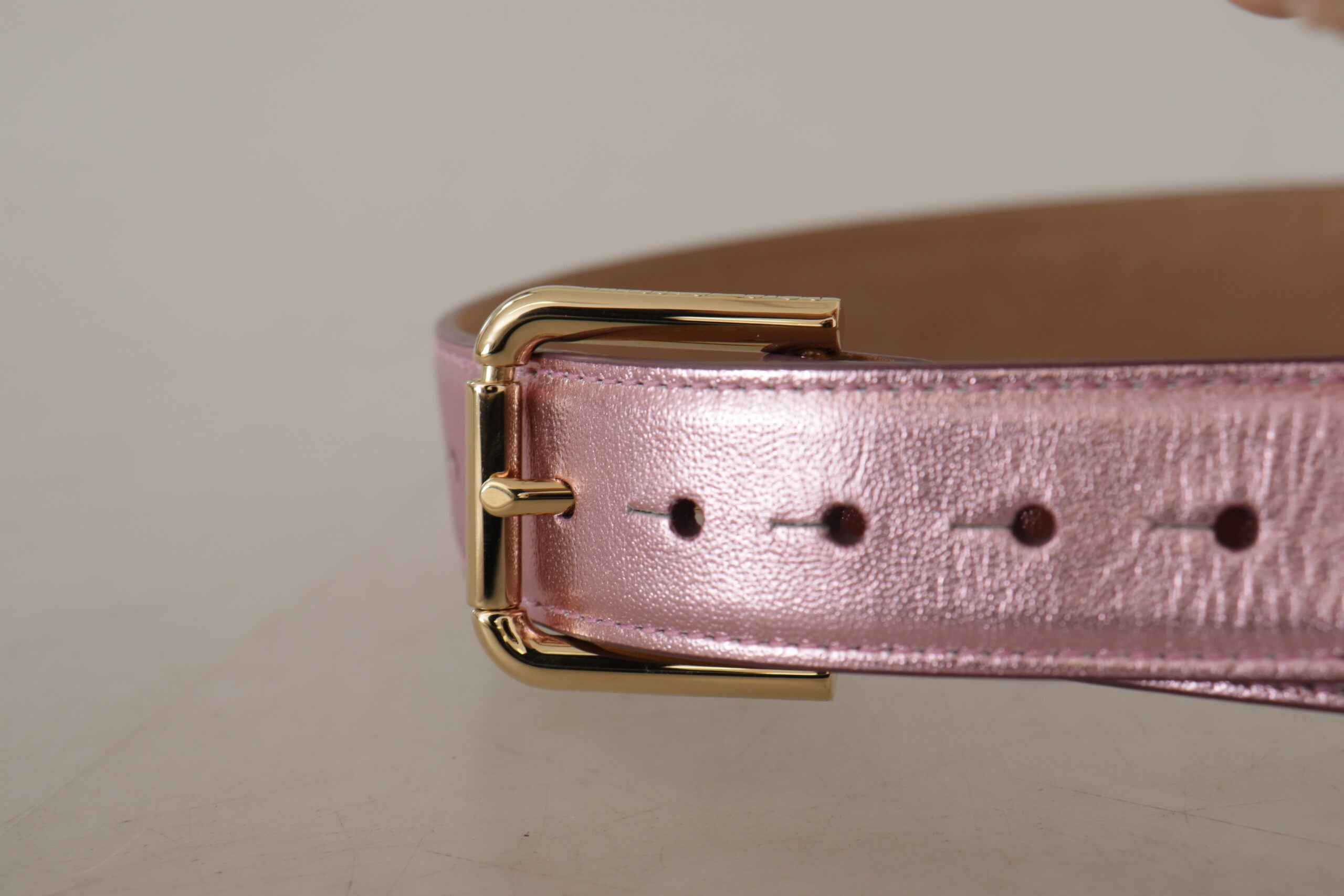 Dolce & Gabbana Metallic Pink Polished Leather Logo Metal Buckle Belt - DEA STILOSA MILANO