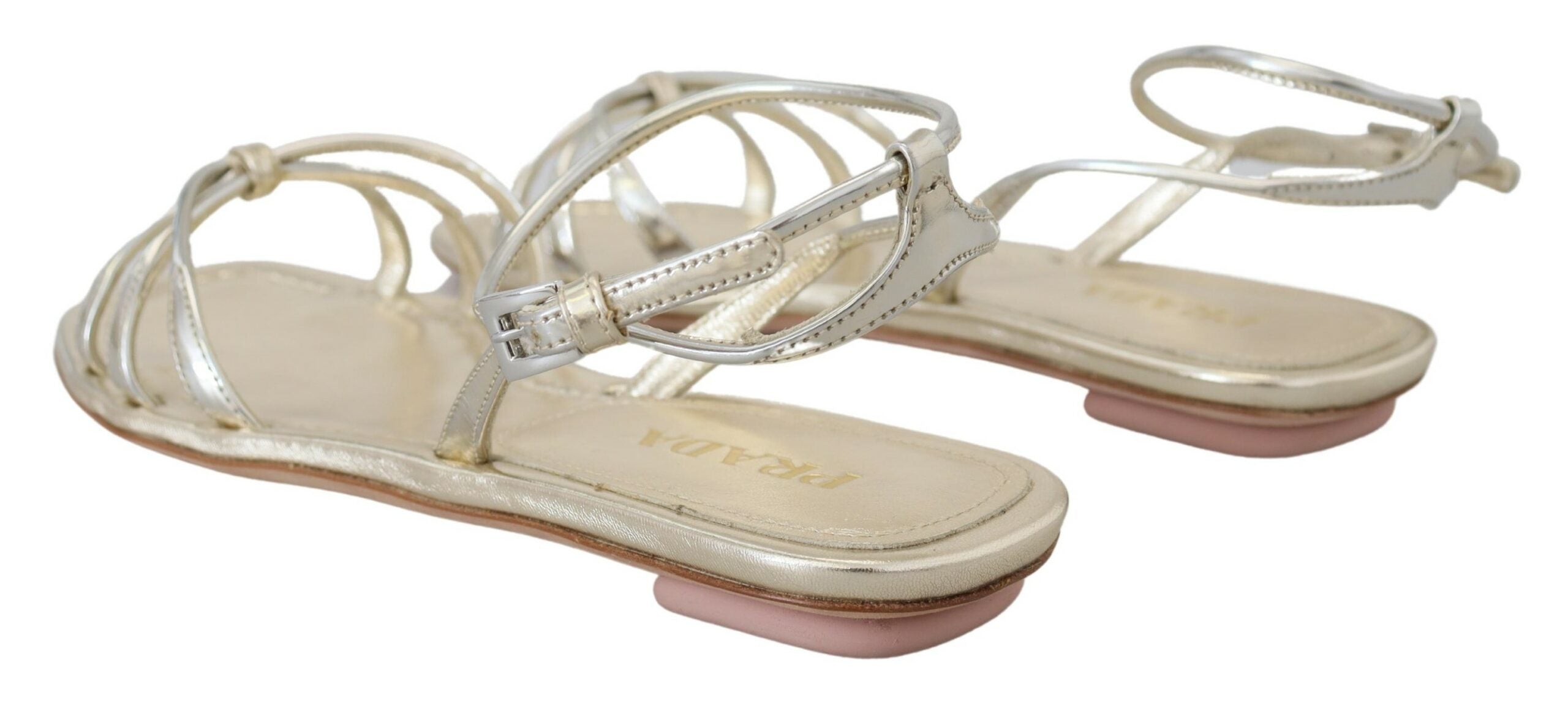 Prada Metallic Silver Leather Sandals Ankle Strap Flats Shoes - DEA STILOSA MILANO