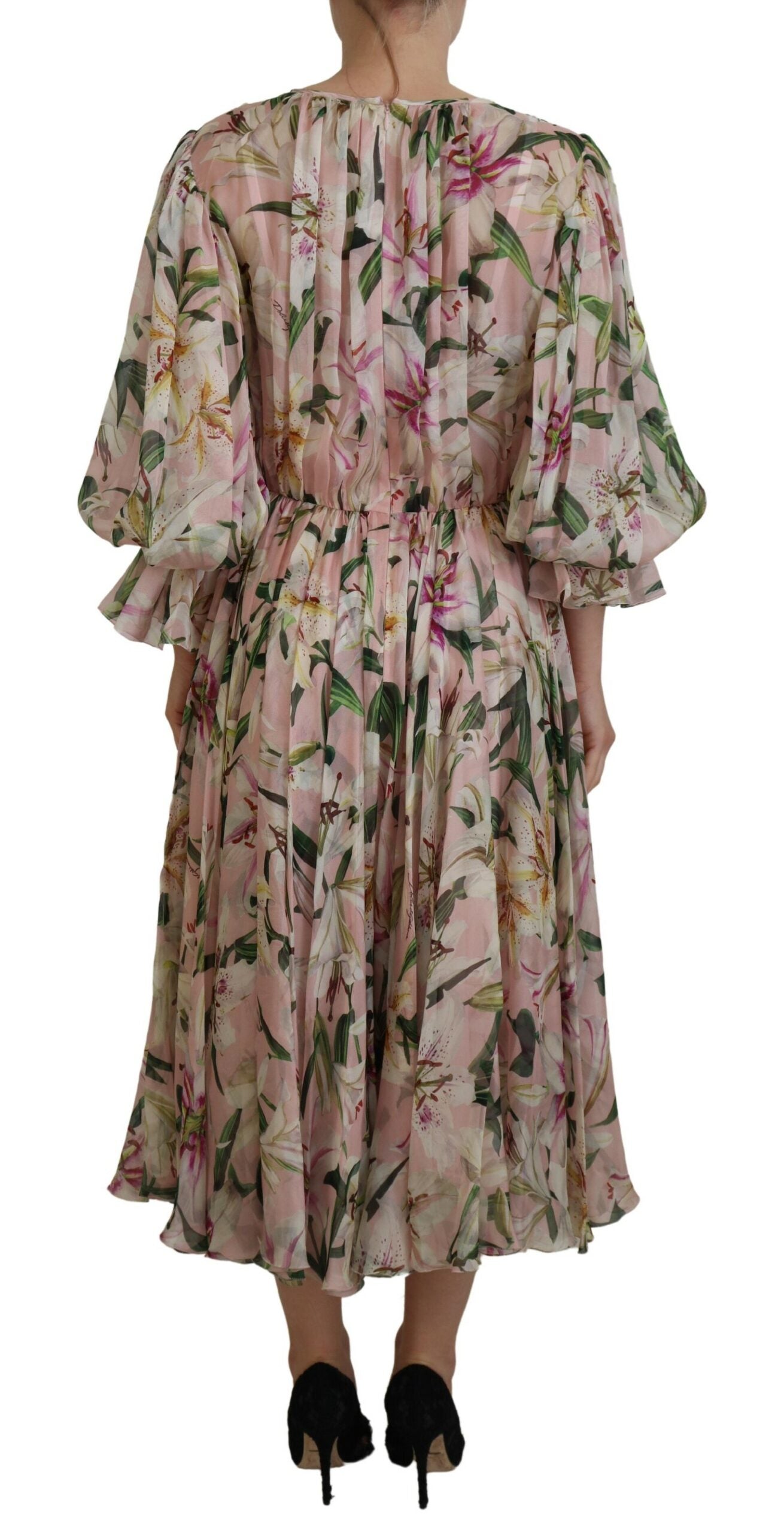 Dolce & Gabbana Pink Lily Print Silk A-line Pleated Maxi Dress - DEA STILOSA MILANO