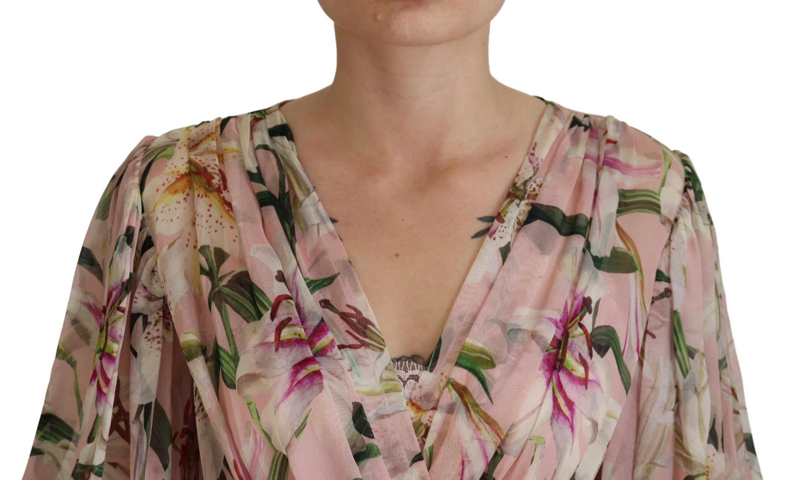 Dolce & Gabbana Pink Lily Print Silk A-line Pleated Maxi Dress - DEA STILOSA MILANO