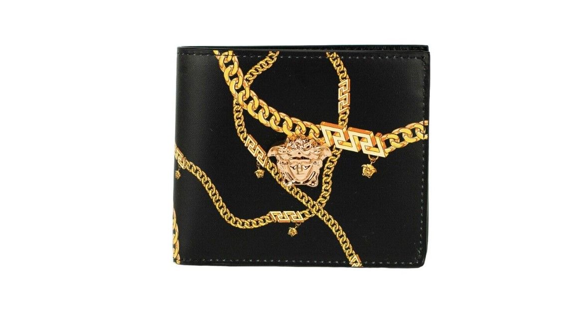 Versace Black Smooth Leather Gold Medusa Head Chain Logo Bifold Organizer Wallet - DEA STILOSA MILANO