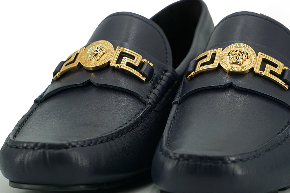 Versace Navy Blue Calf Leather Loafers Shoes - DEA STILOSA MILANO