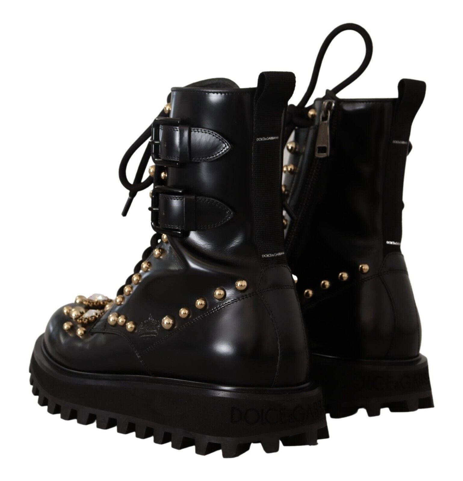 Dolce & Gabbana Black Leather Crystal Embellished Boots Shoes - DEA STILOSA MILANO
